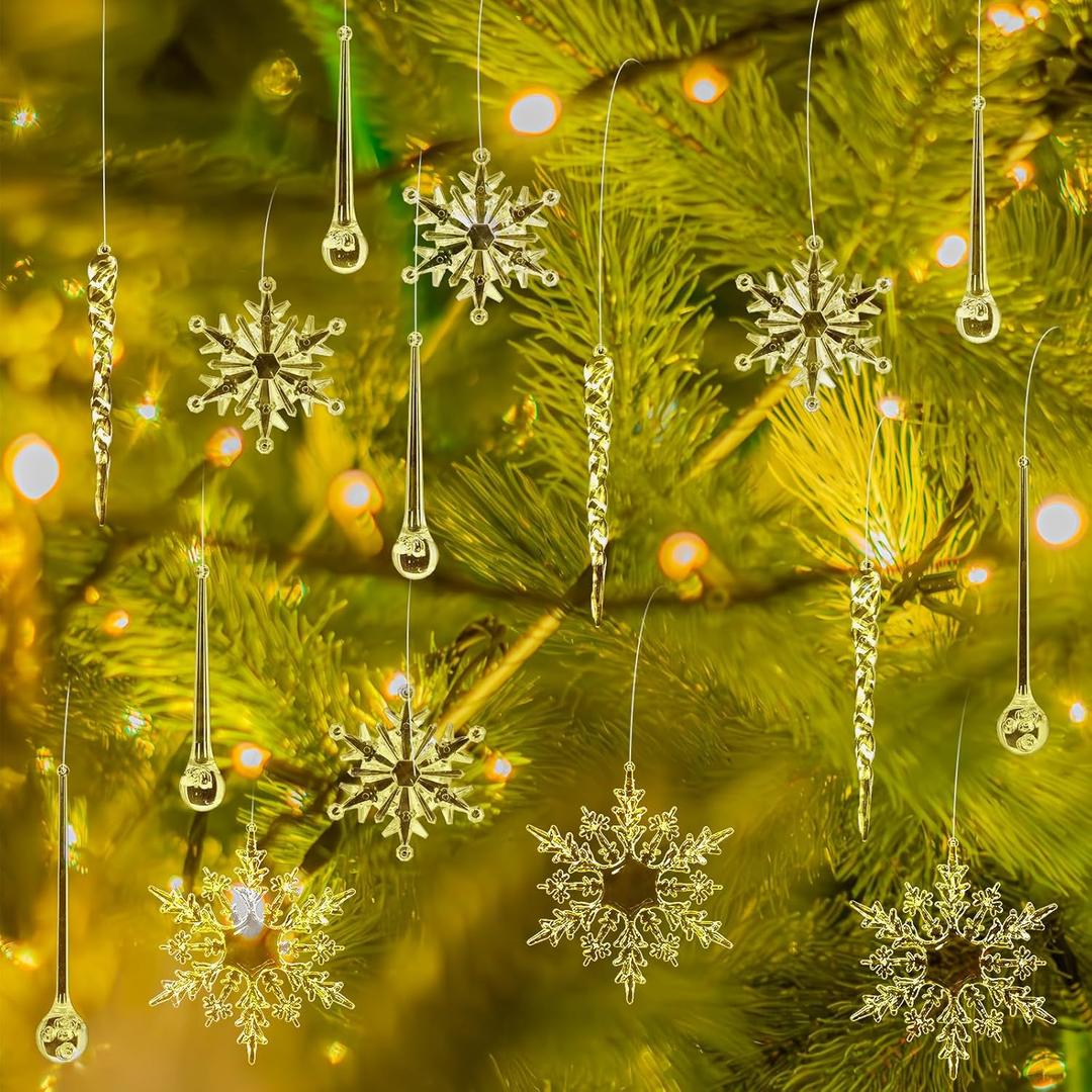 50 Pcs Christmas Tree Ornaments Hanging Acrylic Snowflake Icicle Ornaments Clear Teardrop Pendants 5 Styles for Xmas Party Decorations
