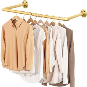 48 Gold Wall Mounted Clothes Rack, Industrial Pipe Iron Garment Bar, Heavy-Duty Detachable Clothing Rod, Multi-Purpose Metal Wall display Hanging Pole for Closet Storage, Laundry Room 2 Base
