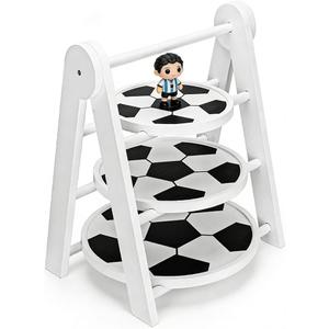 3 Tier Soccer Football Serving Tray Stand, White Wooden Round Tiered Food Platter, Reusable Dessert Cupcake Snack Display Holder for Birthday, Game Day, Tailgate, Kids Party Buffet Table Decor