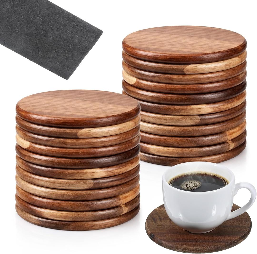 26 Pcs Round Unfinished Wood Coasters, 4 Inch Round Acacia Wooden Coasters for Crafts Blank Wooden Coaster with Non-Slip Foam Dots for DIY, Home Decoration, Wood Engraving