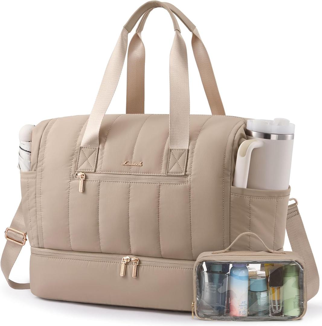LOVEVOOK Travel Duffle Bag,Puffer Weekender Bags For Women with Shoe Compartment,42L Carry On Duffel Bags For Airplanes,Hospital Bag for Labor and Delivery,Overnight Bsg With Toiletry,2Pcs Set (Khaki)