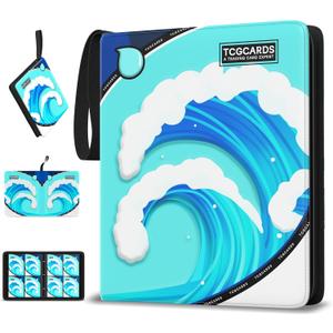 Trading Card Binder 4 Pocket,400 Pocket Card Collection Binder with 50 Removable Sleeves,PU Waterproof Top Card Book,3-Ring Zipper Collectible Trading Card Album for MTG/TCG/Card Holder GiftWater (Small, Blue-1)