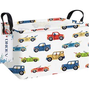 Rectangular Kids Car Storage Basket, Collapsible Fabric Toy Organizer Bin with Handles, Cute Cartoon Car Pattern Storage Box for Boys Room, Nursery, Playroom, Closet (Car)