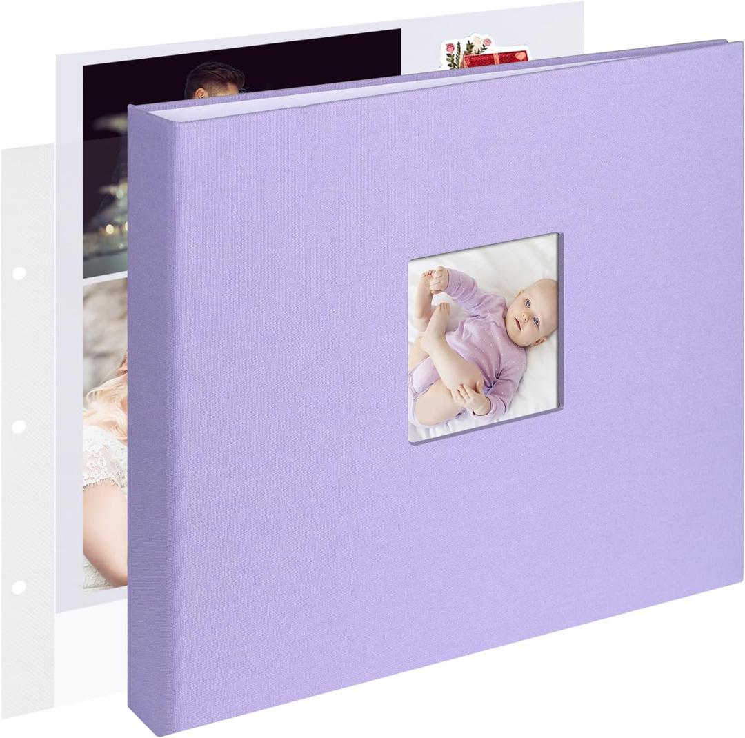 12x12 Inch Large 3 Ring DIY Scrapbook Photo Album Journal with 30 Plastic Sleeves 60 Pages and Fabric Cover for Baby Travel Wedding Anniversary kids Adventure (Purple Cover/White Pages)