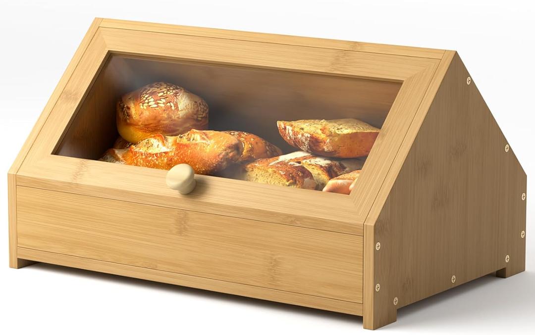 Bamboo Bread Box and Bread Storage, Corner Bread Box for Kitchen Countertop, Large Durable Black Single Layer Bamboo Breadbox