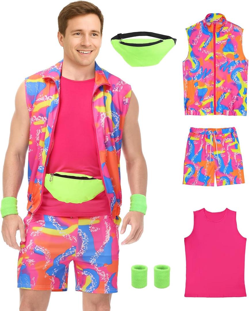 Mens 80s Workout Costume 90s Outfit for Men - Retro Neon 5 Piece Halloween Cosplay Couples Costume Set (Pink, XXL)