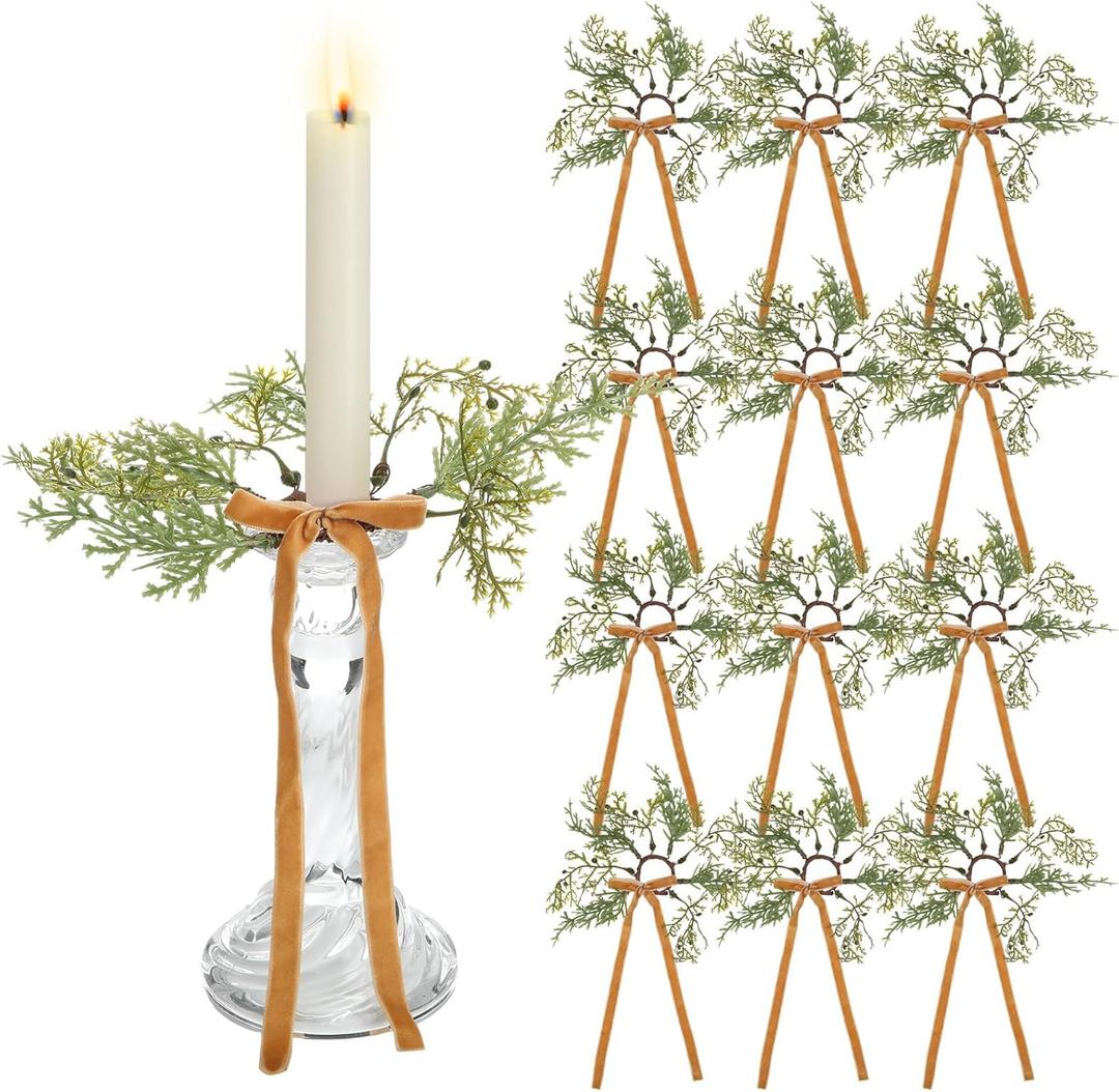 12 Pcs Christmas Pine Taper Candle Rings Wreaths with Velvet Bow Ribbon 1.38 Inch Mini Taper Candle Holder Decorations for Xmas Holiday Church Home Table Centerpiece Candlesticks