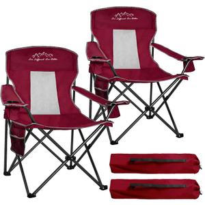 2 Pack Camping Chairs Outdoor Portable Folding Chair with Mesh Back, Red | Heavy Duty 400lbs Capacity Comfortable Breathable High Back with Storage Bag, Cup Holder for Adults Fishing, Beach, Lawn