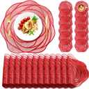 Sieral 12 Set 15 Inch Round Pressed Vinyl Placemats Hollow Out Rose Placemat Set Metallic Slip Resistant Place Mat Coaster Including Place Mats and Coasters for Wedding Dining Kitchen (Red)