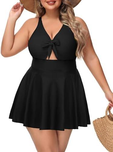 Womens Plus Size One Piece Swimsuit with Skirt V Neck Cutout Flowy Swim Dress Tummy Control Bathing Suit 14W