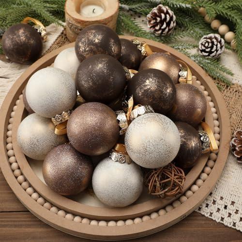 Suilung 21 Pcs Neutral Textured Christmas Ball Ornaments 2.36'' Vintage Christmas Tree Decor Modern Rustic Brown Ornaments with Loop Shatterproof Hanging Ball for Xmas Farmhouse Decor (Dark Brown)