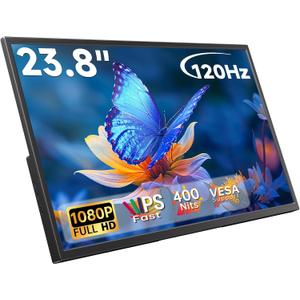 23.8 Inch Portable Monitor for Laptop, 120Hz FHD 1080P IPS External Monitor, 400 Nits HDR Large Second Screen with USB-C HDMI, VESA Compatible Travel Monitor for MacBook PC Phone PS5 Xbox Switch