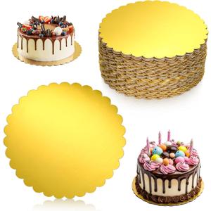 50 Pack Gold Cake Boards 12 Inch Round Disposable Cake Circle Base Board Valentine's Day Cakes Cardboard Rounds Scallop Edge Grease Proof Coated Plate for Wedding Christmas Birthday Dessert
