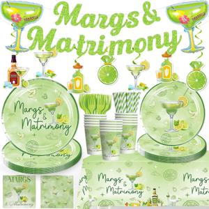 171pcs Margs and Matrimony Bachelorette Tableware Set, Margarita Party Decorations Include Margs and Matrimony Banner 50 Thickened Plates 2 Tablecloths for margarita party