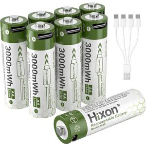 Hixon 1.5V USB Rechargeable Lithium Batteries AA Size,3000mWh Double AA Rechargeable Battery,Charges 1.5 Hours, Over 1000 Cycles, 4-in-1 USB-A to USB-C Charging Cable, LED Charge Indicator, 8-Pack