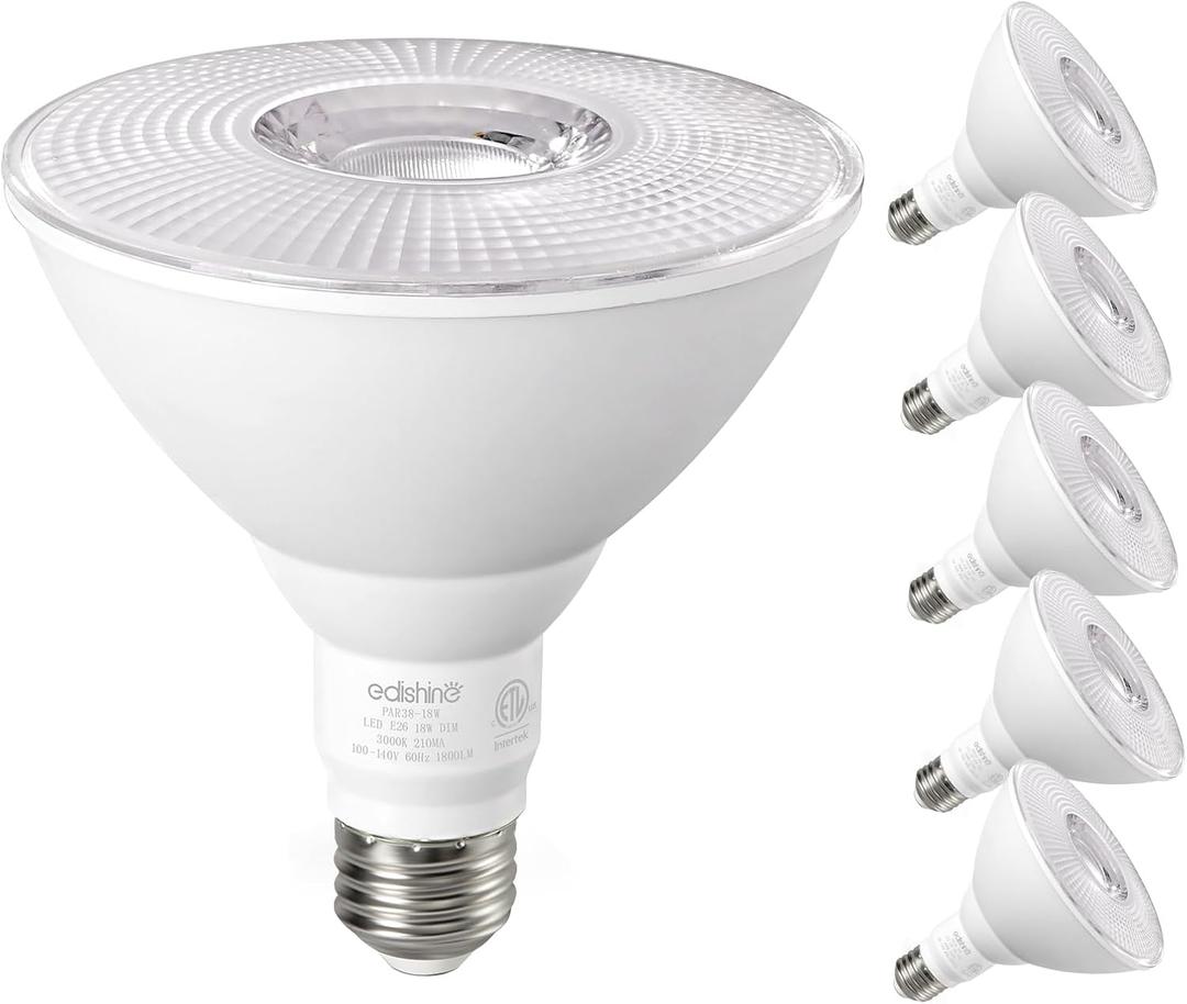 EDISHINE Flood Lights Outdoor, Dimmable PAR38 LED Outdoor Flood Light Bulbs, 120W Equivalent, IP65 Waterproof for Yard, Garage, Porch, 3000K Warm White, 18W 1800LM, E26 Base, 6 Pack ETL Listed