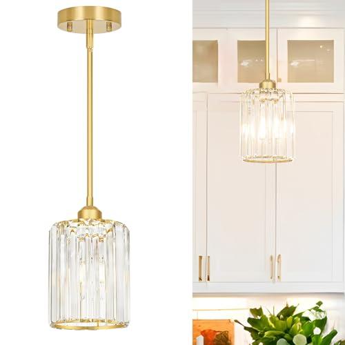 Lxybcce Brushed Gold Kitchen Pendant Lights Over Island with Adjustable Rods - Crystal Pendant Lighting Fixtures for Sloped Ceiling, Ideal Over Dining Table or Bar, E26 Bulb Compatible
