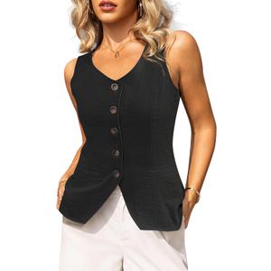 Tralilbee Black Vest Top Women Sleeveless Blazer Fitted Suit Vest Button Down Going Out Work Business Casual, Black, M  