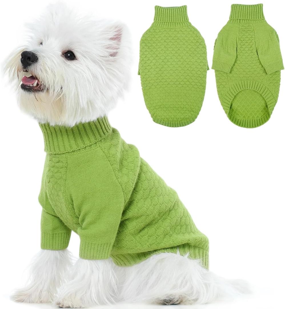 Kuoser XS Dog Sweater, Warm Winter Fall Puppy Sweaters for Extra Small Dogs Boy Girl, Solid Pullover Turtleneck Knit Sweater Thick Long Sleeve Clothes for Christmas Holiday, Green XS (X-Small (Chest: 11.8"))