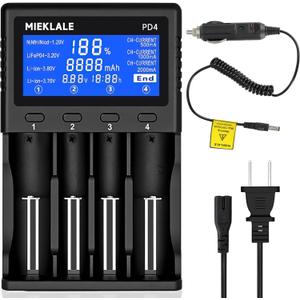 18650 Battery Charger, MIEKLALE 4-Bay Universal Battery Charger with Smart LCD Display Fast Charge for Rechargeable Batteries Li-ion LiFePO4 26650 18650 16340 10440 14500 RCR123,NI-MH NI-Cd AA AAA