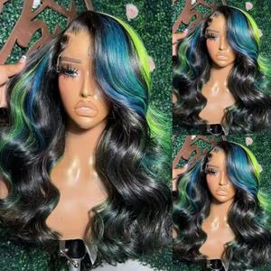 Blue Green Highlight Lace Front Wigs for Women Pre-plucked Hairline Glueless 13X4 Inch Synthetic Lace Front Wig with Baby Hair Long Loose Body Wave Wigs for Daily Party Wig
