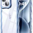 Compatible with iPhone 14 Plus Case, Kawaii Cute Curly Wave Frame Luxury Plating Edge, Stylish Glossy Clear Back, Soft TPU Shockproof Protective Cases for iPhone 14 Plus, Blue