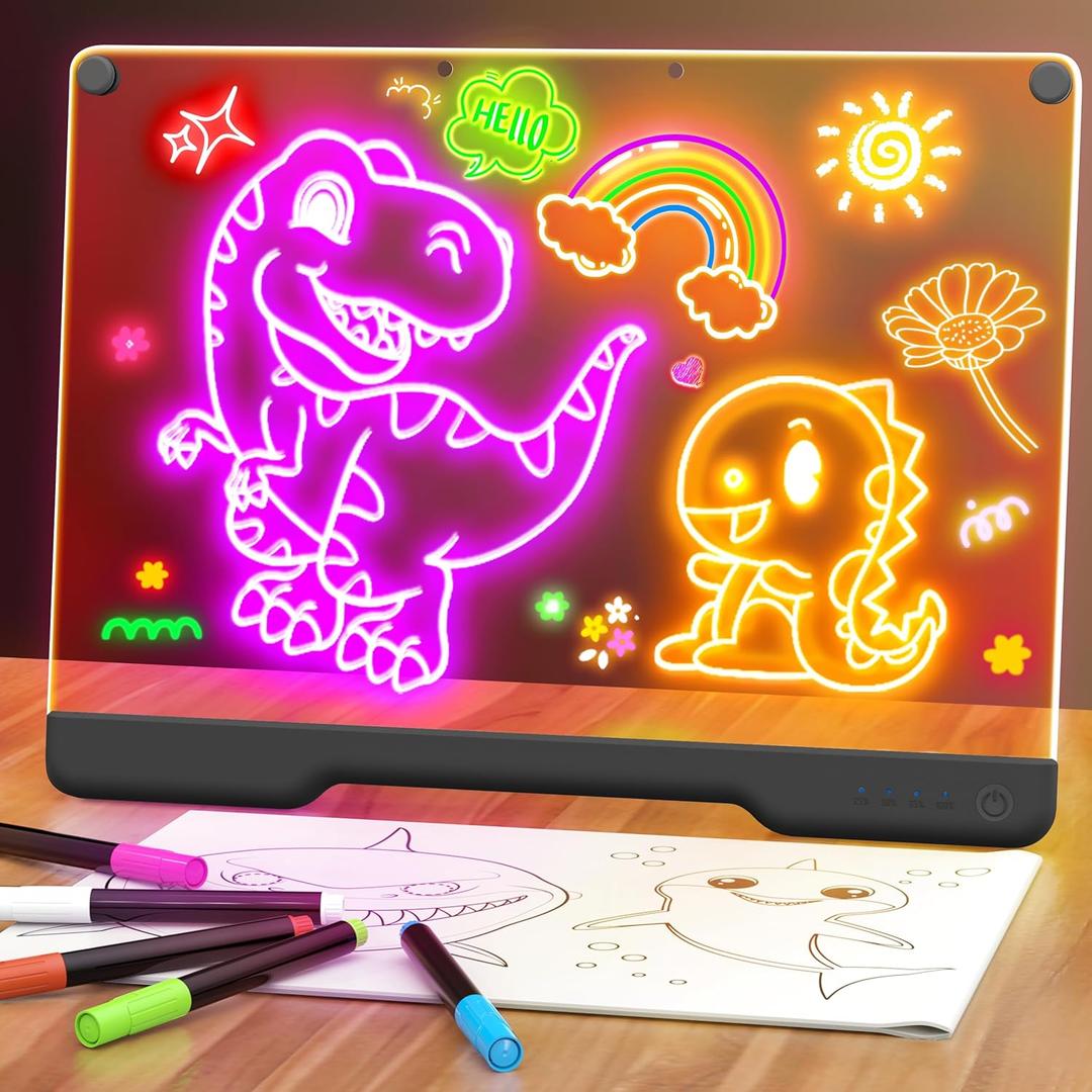 16-Inch Rechargeable Doodle Glow LED Note Board, 7-Color Light Modes, Neon Art Dry Erase Light Up Drawing Pad with Built-in Stand, Sketching Gift Toy for Kids/Girls/Teens, 5 Markers & Tracing Book (Black)