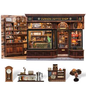 CUTEBEE Book Nook Kit  DIY Miniature House Coffee Shop Dollhouse Kit for Adults, Booknook Tiny House Bookshelf Decor 3D Wooden Puzzle, Gifts for Family, Friends (Corner Coffee Shop)