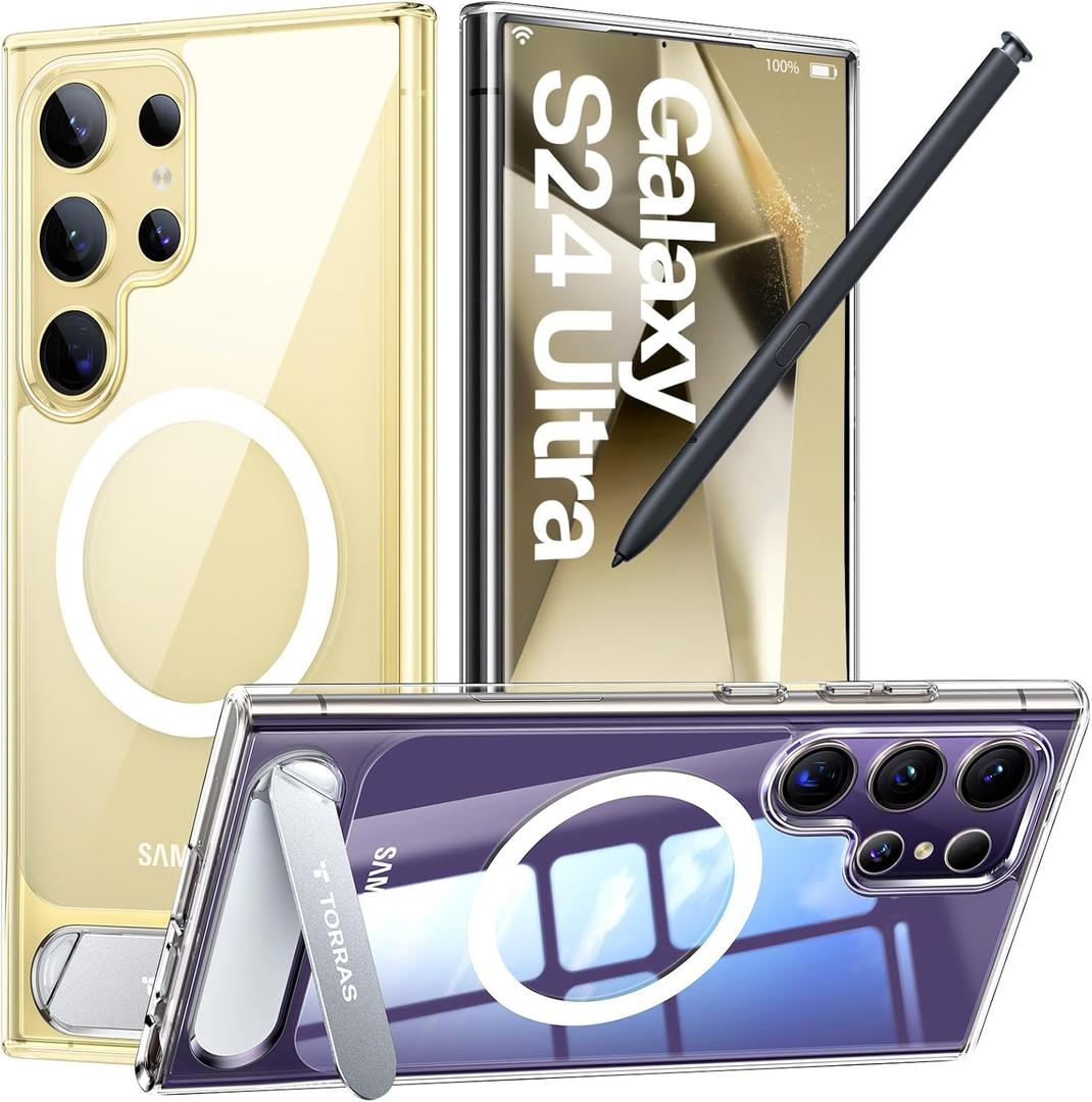 TORRAS Strong Magnetic & Seamless Stand for Samsung Galaxy S24 Ultra Case for MagSafe, Mil-Grade Drop Protection, Adjustable Kickstand for Samsung Galaxy S24 Ultra Case, Anti-Yellowing Diamond Clear