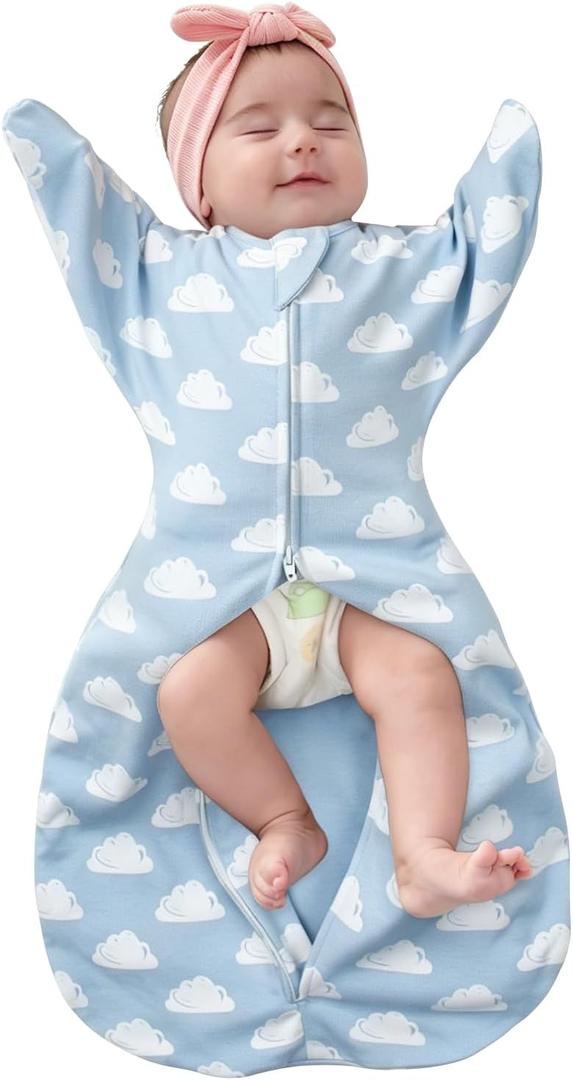 ZIGJOY Baby Transitional Swaddles for Newborns: 0.5 Tog Arms Up Sleep Sack 3-6-12 Months Soft Cotton Shark Fin 2 Way Zipper (Blue Cloud)