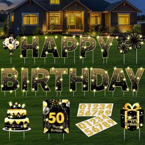 18 Pcs Black Gold Happy Birthday Yard Signs with Stakes 2 x 5 M LED Lights Personalized Age Name Sign with 20 Number Stickers 14 Inch for Yard Lawn Garden Outdoor Decoration Party Supplies