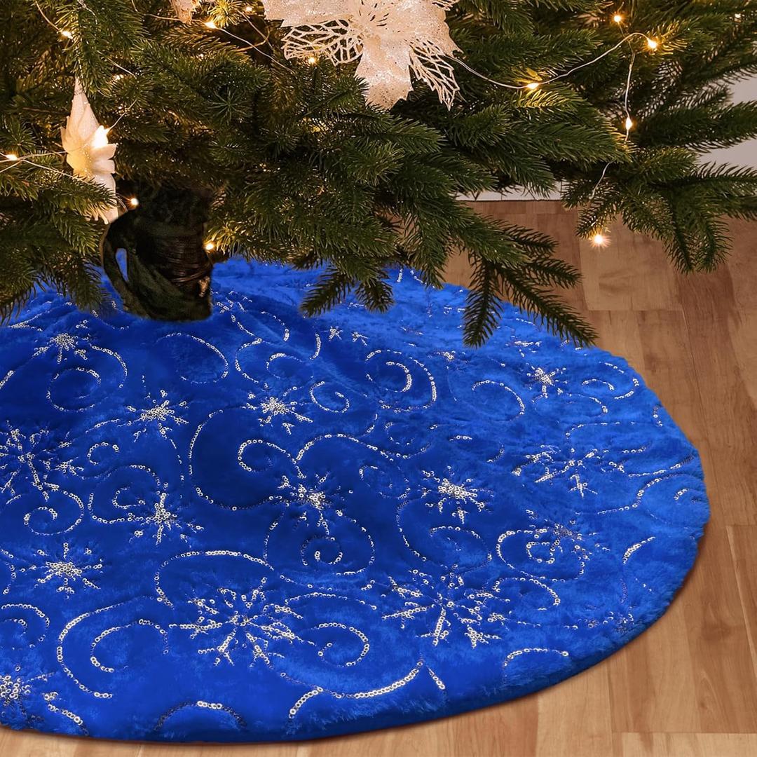 Christmas Tree Skirt Blue 48 inch Silver Christmas Tree Skirt Snowflakes Faux Fur for Xmas Holiday Home Party Decorations