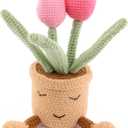 Hand Crocheted Tulip Bouquet Potted Plants, Knitted Artificial Flowers with Exquisite Flowerpots, Suitable for Gift Party Decoration, Shop Table Decoration for Family and Friends (Pink)