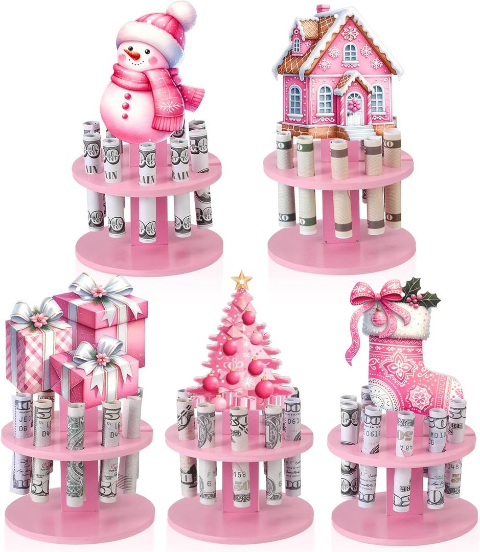 5 Pcs Christmas Money Holder Ornaments with 10 Holes for Cash Gift Wooden Cake Money Holder Pink Xmas Hanging Santa Claus Ornament for Holiday Party Tree Home Decorations