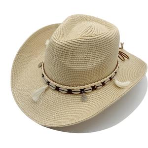 Western Straw Cowboy Hat for Women Beach Sun Hat for Men Wide Brim Fedora Hat Cowgirl Hats Summer Panama Hat (Beige)