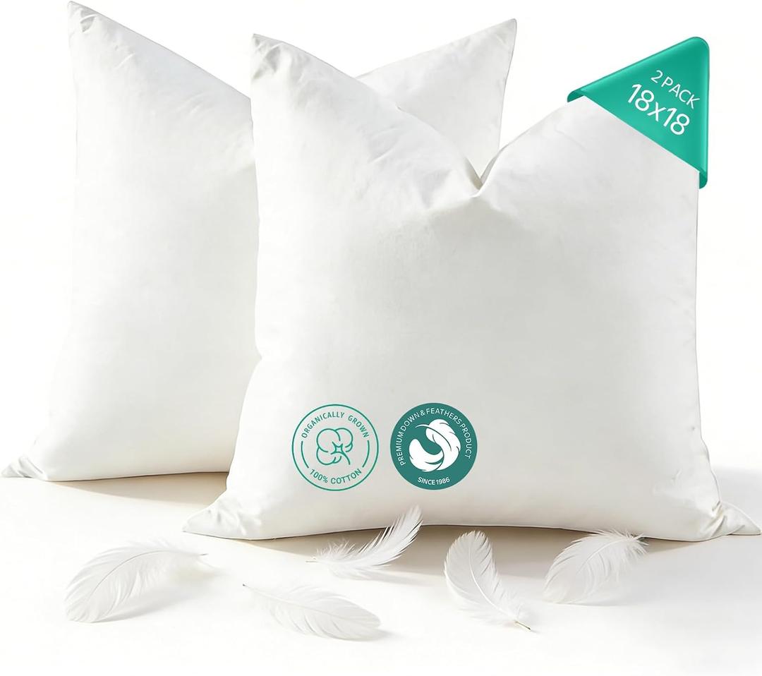 APSMILE Organic Cotton Goose Feather Down Plus Throw Pillow Inserts, 18x18 Inch Set of 2, Soft Supportive Square Decorative Pillow Forms for Couch, Sofa, Bed