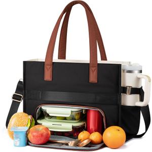 LOVEVOOK Teacher Tote Bag for Women,Multi-pocket Laptop Bag with Large Cup Holder,Nurse Bags Work Travel Computer Handbag (15.6 inch-lunch tote with long strap, Black Cream Brown-lunch Tote)