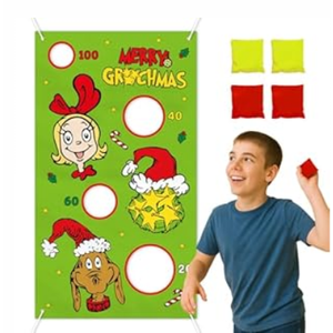 Funny Christmas Toss Game Banner with 4 Bean Bags, Christmas Game for Kids Adults Indoor Outdoor Activities, Holiday Birthday Party Game Supply for Boys Girls Teens, Xmas Classroom Wall Decor