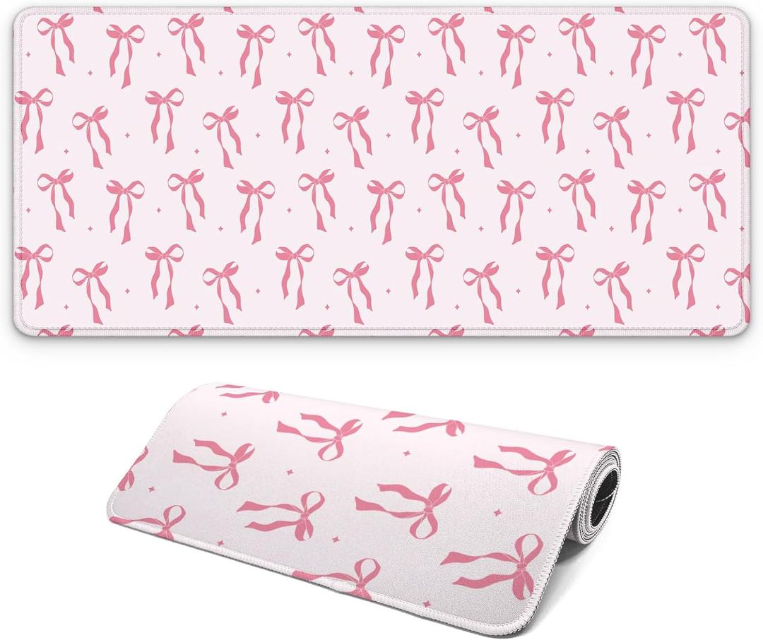 Large Computer Mouse Pad with Non-Slip Base for Desktop, Cute Gaming Mouse Mat with Stitched Edges, Long Extended Anime Mousepad for Laptop, 31.5 x 11.8 inches (Pink Ribbon Bow)