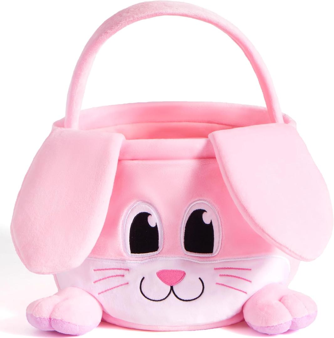 JOYIN Easter Pink Bunny Basket, Pink Rabbit Backet with Foldable Ears, Empty Soft Basket with Handle, Easter Gifts for Babies, Kids Egg Hunt, Candy Bag Party Favor Storage Container(10.9 7.9 9.4)