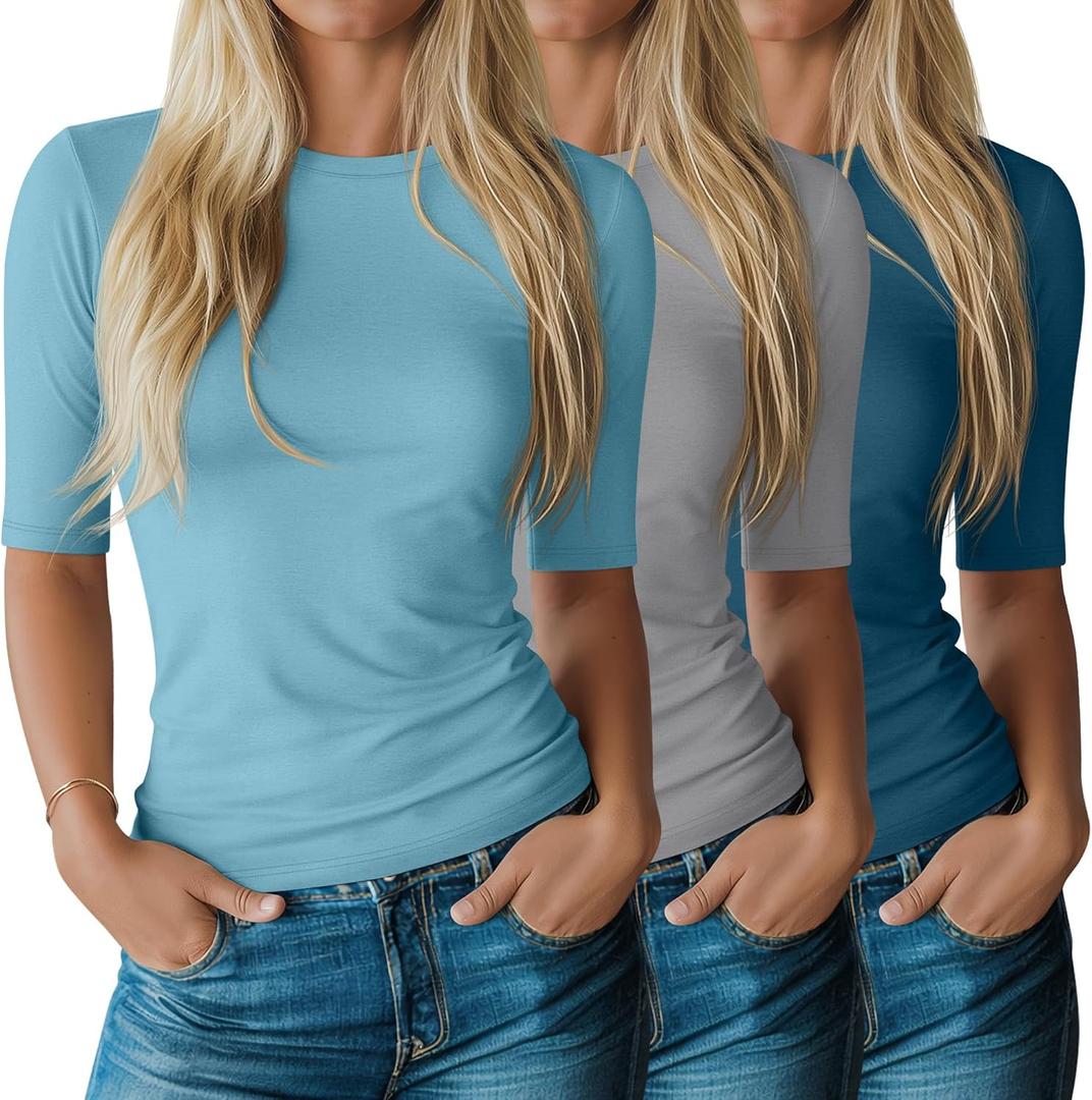 Riyiper 3 Pack Women's Half Sleeve Tops Crewneck 1/2 Sleeve T Shirts Elbow Length Tops Slim Fit Cotton Blend Basic Tees (Large, Light Blue, Light Gray, Aqua)
