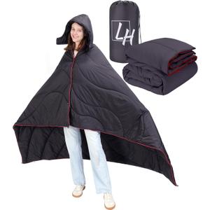 Outdoor Puffy Camping Blanket, Lightweight Down Alternative Puffy Waterproof Stadium Blanket with Portable Bag, Lightweight Camping Blanket for 2 People, Cold Weather, Sports, Travel, Car, 79*54 inch (Black)