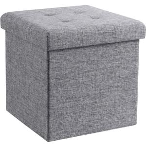 Ornavo Home Foldable Tufted Linen Storage Ottoman Square Cube Foot Rest Stool/Seat - 15" x 15" x 15" (Grey)