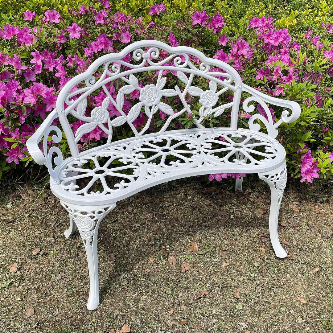 Mandolin Outdoor Benc Park Garden Chair,All Chair Anti Rust Cast Aluminum Patio Yard Bench,Carved Rose Loveseat Bench for Backyard .Porch.Balcony.Lawn (White)
