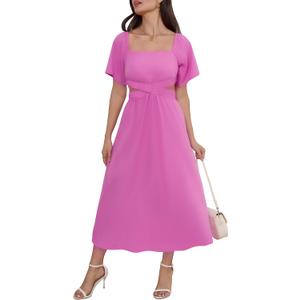 Women Square Neck Short Sleeve Dress 2025 Summer Midi Dresses Crossover Waist Casual Evening Party Vacation Dress (Pink, Medium)