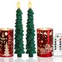 Hinabichan Christmas Tree Shaped Flameless Candlesticks Battery Operated with Remote and Timer, Set of 4 Real Wax Candles Warm Color Flickering Light for Xmas Decoration Gift (Red)