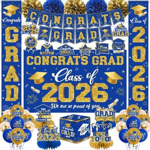 2026 Graduation Decorations - Blue Gold Congrats Grad Party Supplies include Card Box, Backdrop, Banner and Balloons for Class of 2026 Decorations Set