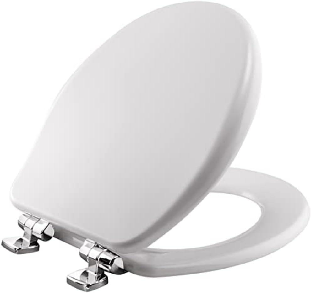Bemis Alesio Slow Close Toilet Seat, Sleek Chrome Hinges and Adjustable Perfect Fit Wood Seat, Made in USA, Round, White