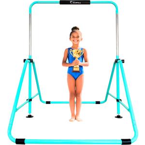MARFULA Foldable Gymnastic Bar for Kids Ages 3-12, 9 Height Levels, 200 lbs Weight Capacity, 5 Ft Length Gymnastic Kip Bar with Mat, Gymnastic Equipment for Home and Gym Center Indoor Outdoor Use