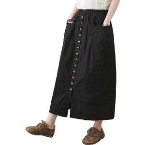 Women's Cotton Linen Midi Skirt Casual Elastic Waist Slit Hem Skirt Loose Vintage A-line Skirt with Pocket (Black, L)